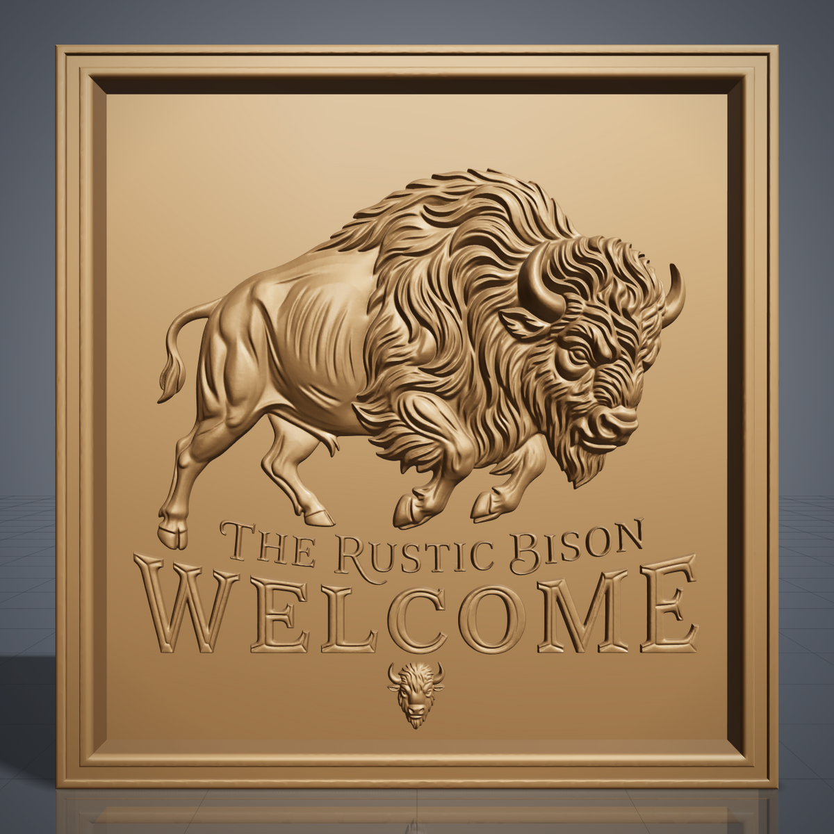 High-relief 3D bas-relief of a charging American bison with a shaggy mane and curved horns inside a stepped square frame. Raised lettering reads The Rustic Bison Welcome, with a small bison head emblem below. Fine fur and muscle detail on a flat panel. Designed for CNC relief carving, wood routing and 3D printing as a rustic welcome sign for a cabin, ranch or porch.