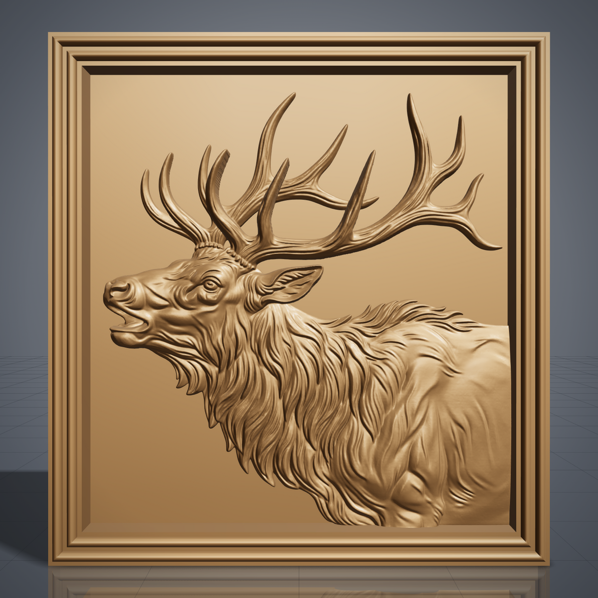 Detailed 3D bas-relief of a bugling bull elk in side profile with open mouth, large branching antlers, shaggy mane and fine fur texture. Set in a square panel with a stepped molded frame, shown in carved walnut wood. Designed for CNC relief carving, woodworking and 3D printing as rustic wildlife wall decor.