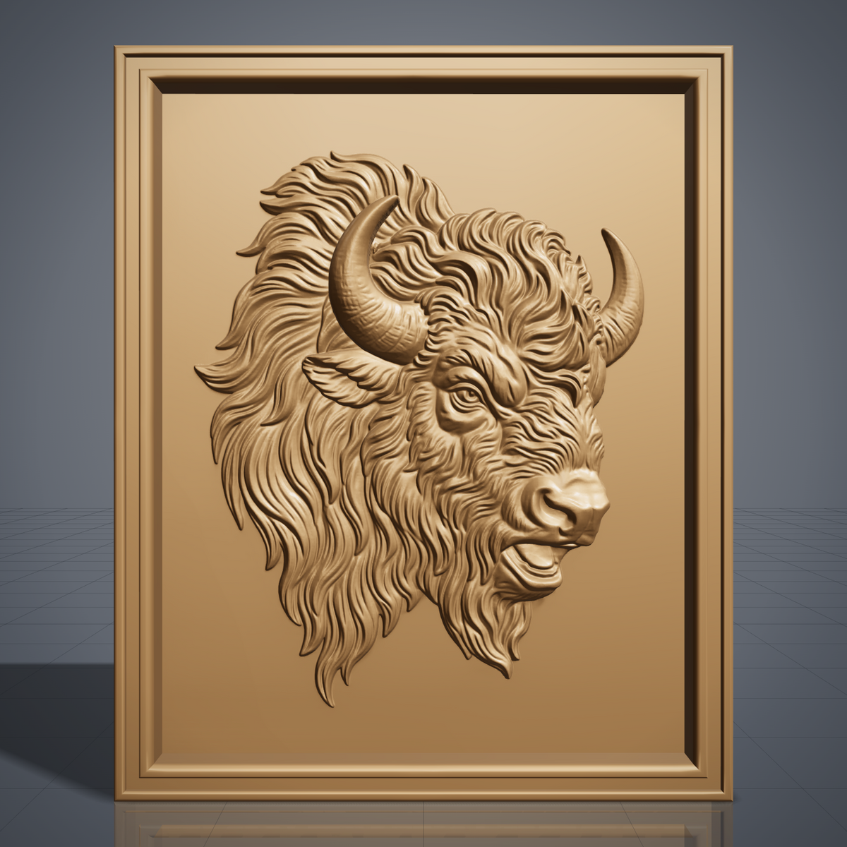 Detailed 3D bas-relief portrait of an American bison head in three-quarter view facing right, with two curved horns, a deeply furrowed brow, open mouth and a long flowing mane sweeping to the left into a shaggy beard. Fine layered fur texture throughout, set inside a tall stepped rectangular frame border. Designed for CNC relief carving, wood routing and 3D printing as rustic western wall decor.