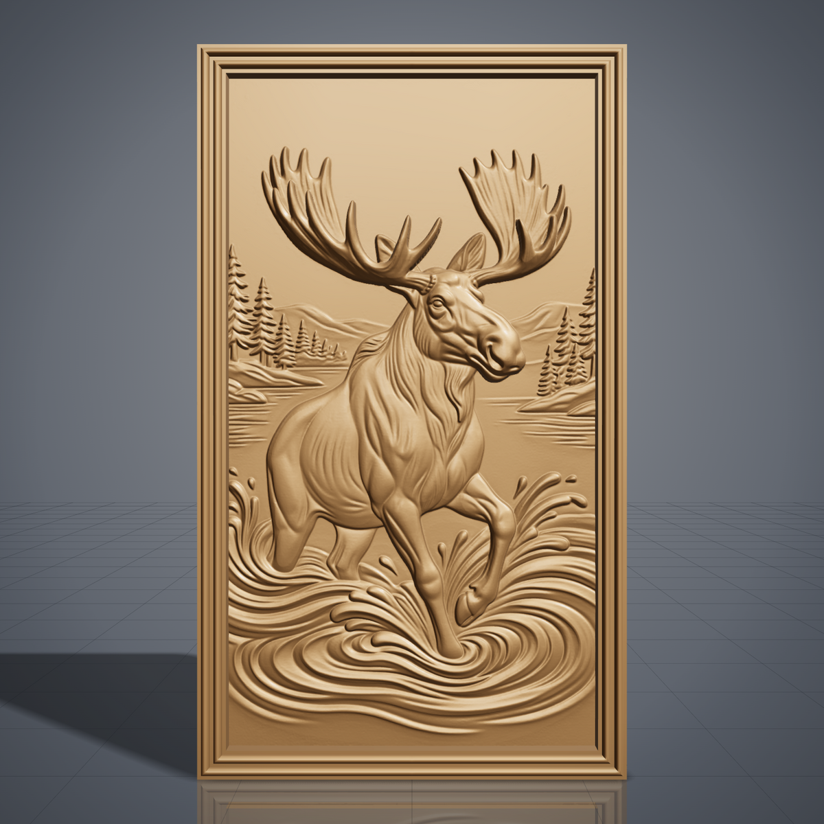 High-relief 3D bas-relief of a big moose with huge antlers wading through splashing lake water, with pine trees, lake shore and distant mountains behind, set in a tall portrait rectangular plaque with a stepped molded border. Fine fur, muscle and layered water ripple detail. Designed for CNC relief carving, wood routing and 3D printing as rustic wildlife wall decor for a cabin, lodge or den.