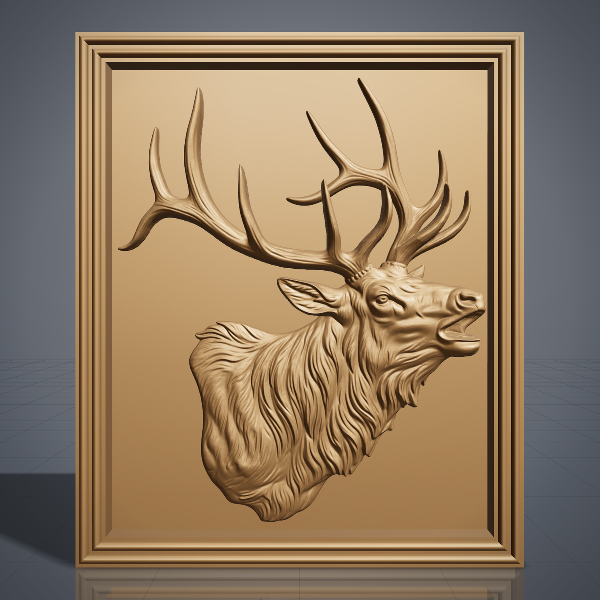 Detailed 3D bas-relief of a bugling bull elk head and shoulders with open mouth, large branching antlers, shaggy mane and fine fur texture. Set in a rectangular panel with a stepped molded frame, shown in carved walnut wood. Designed for CNC relief carving, woodworking and 3D printing as rustic wildlife wall decor.