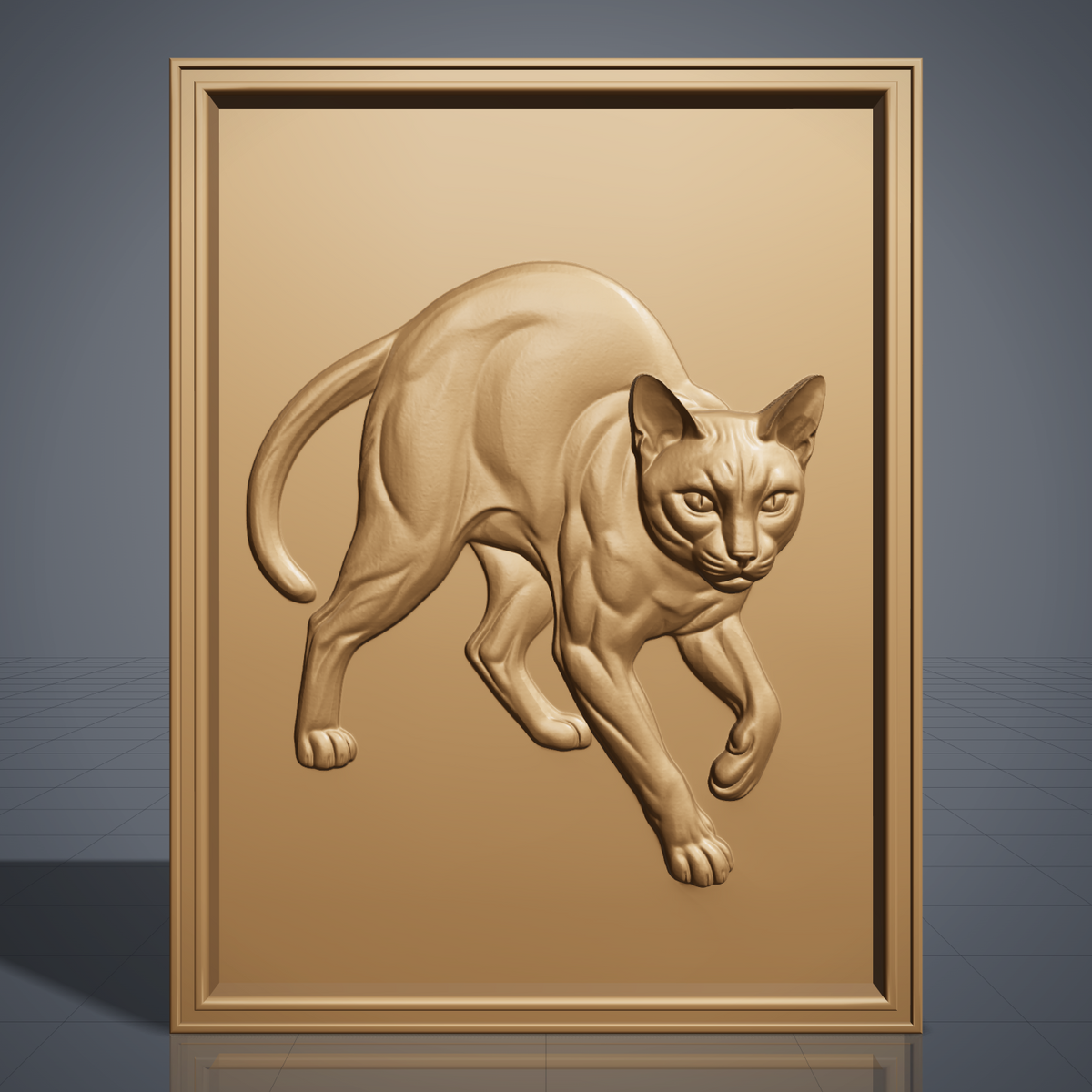 Highly detailed 3D bas-relief of a cat in a dynamic lunging, stretching pose, captured mid-step with an arched back and curled tail. Fine fur texture and muscle definition are carved throughout, set within a raised rectangular frame border. Designed for CNC relief carving, wood routing, and 3D printing as wall art or home decor.