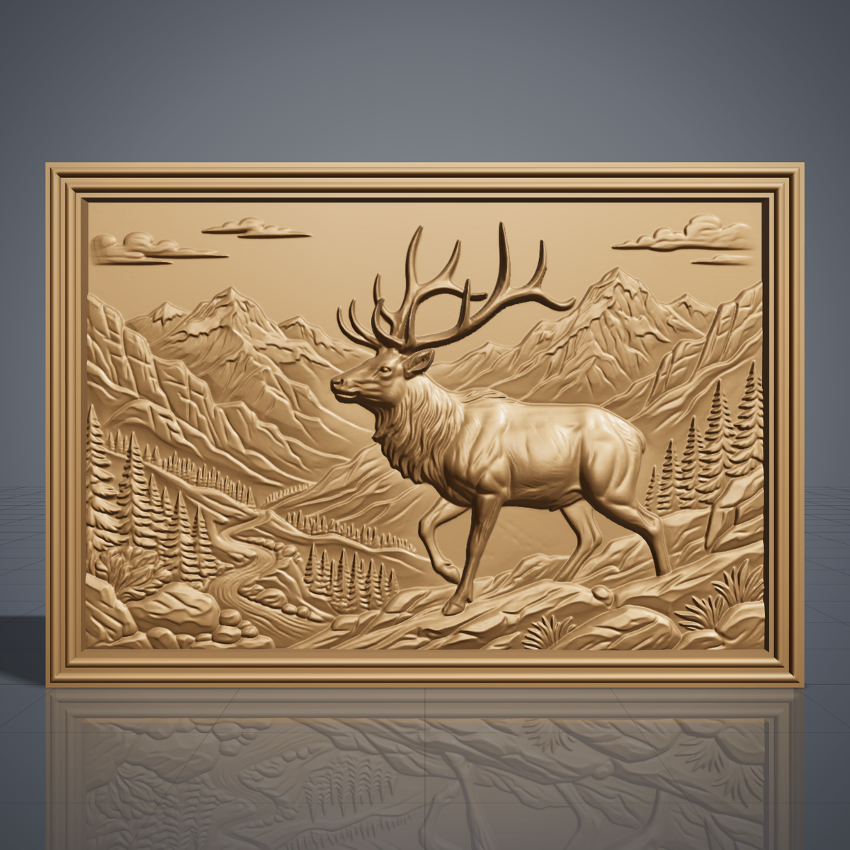 Detailed 3D bas-relief of a bull elk walking through a mountain valley with towering peaks, pine forest, winding river, clouds and rocky foreground. Set in a landscape rectangular panel with a stepped molded frame, shown in carved walnut wood. Designed for CNC relief carving, woodworking and 3D printing as rustic wildlife wall decor.