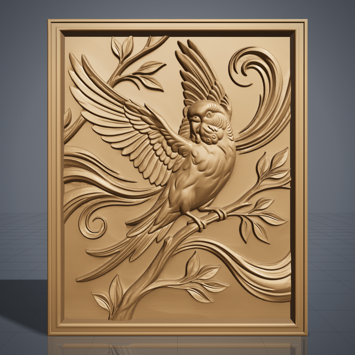 Highly detailed 3D bas-relief of a budgerigar parakeet with wings fully spread and raised, perched on a leafy branch with tail feathers fanned below, set against decorative scrollwork carved in rich walnut wood. The scene is framed by a raised, molded picture-frame border on a vertical rectangular panel. Fine relief carving captures individual feather barbs, leaf veins, and natural wood grain throughout. Designed for CNC relief carving, wood routing, and 3D printing as bird lover, nature-inspire