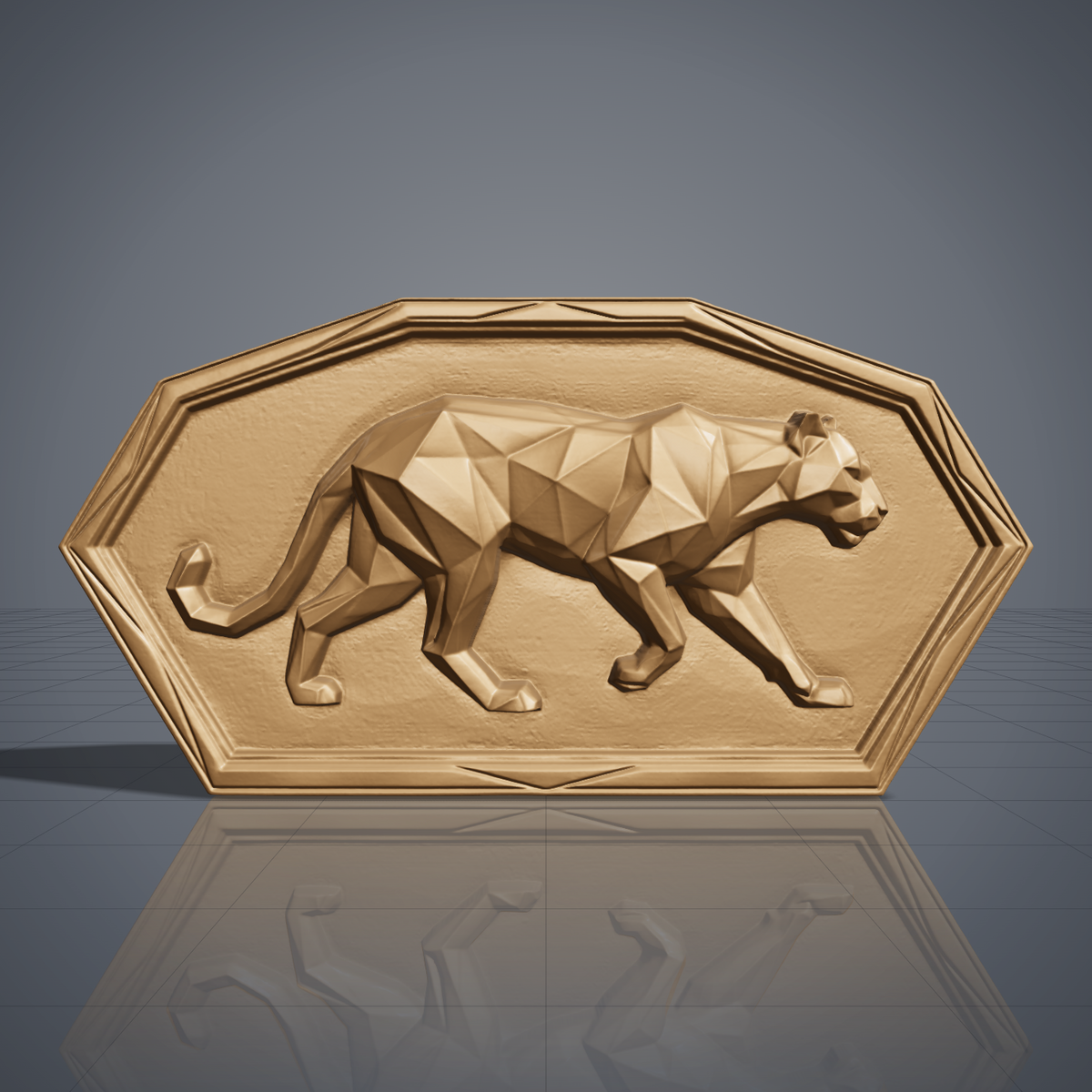 Low poly mountain lion carved in dark walnut wood inside a chamfered rectangular frame with stepped raised border, shown as a workshop mockup and a grey resin render. Digital STL relief file for CNC routers and 3D printers, ideal for wildlife wall art, panels and woodworking projects.