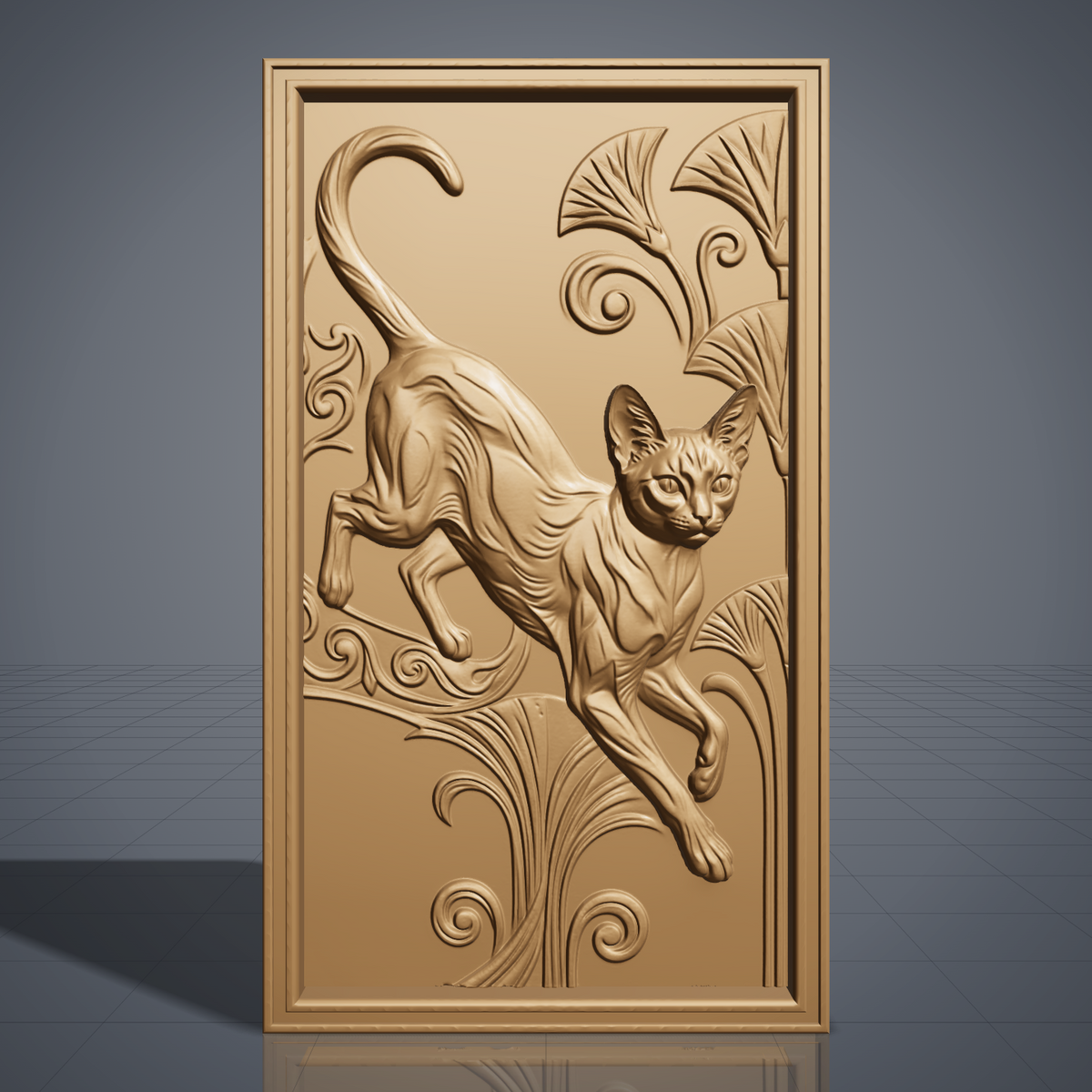 Sleek Oriental cat caught mid-leap with a curled tail, carved as a detailed 3D bas-relief among art nouveau lily fans and spiraling scrollwork. The design sits within a molded rectangular frame border. Designed for CNC relief carving, wood routing, and 3D printing as wall decor.