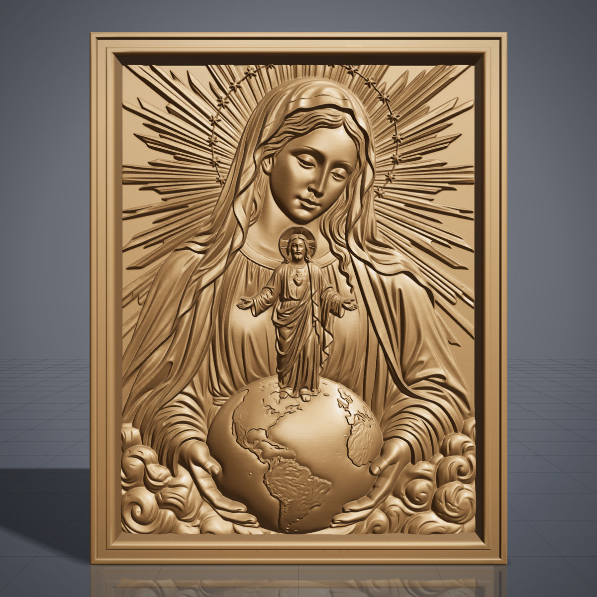 Bas-relief of the Virgin Mary with a radiant sunburst halo ringed by stars, gently gazing down as she holds the world in her open hands. The Sacred Heart of Jesus stands atop the globe with arms outstretched, haloed and robed, carved in fine wood-grain texture. Continents are detailed on the globe, framed by soft clouds below within a rectangular molded border. Designed for CNC relief carving, wood routing, and 3D printing as devotional wall decor.