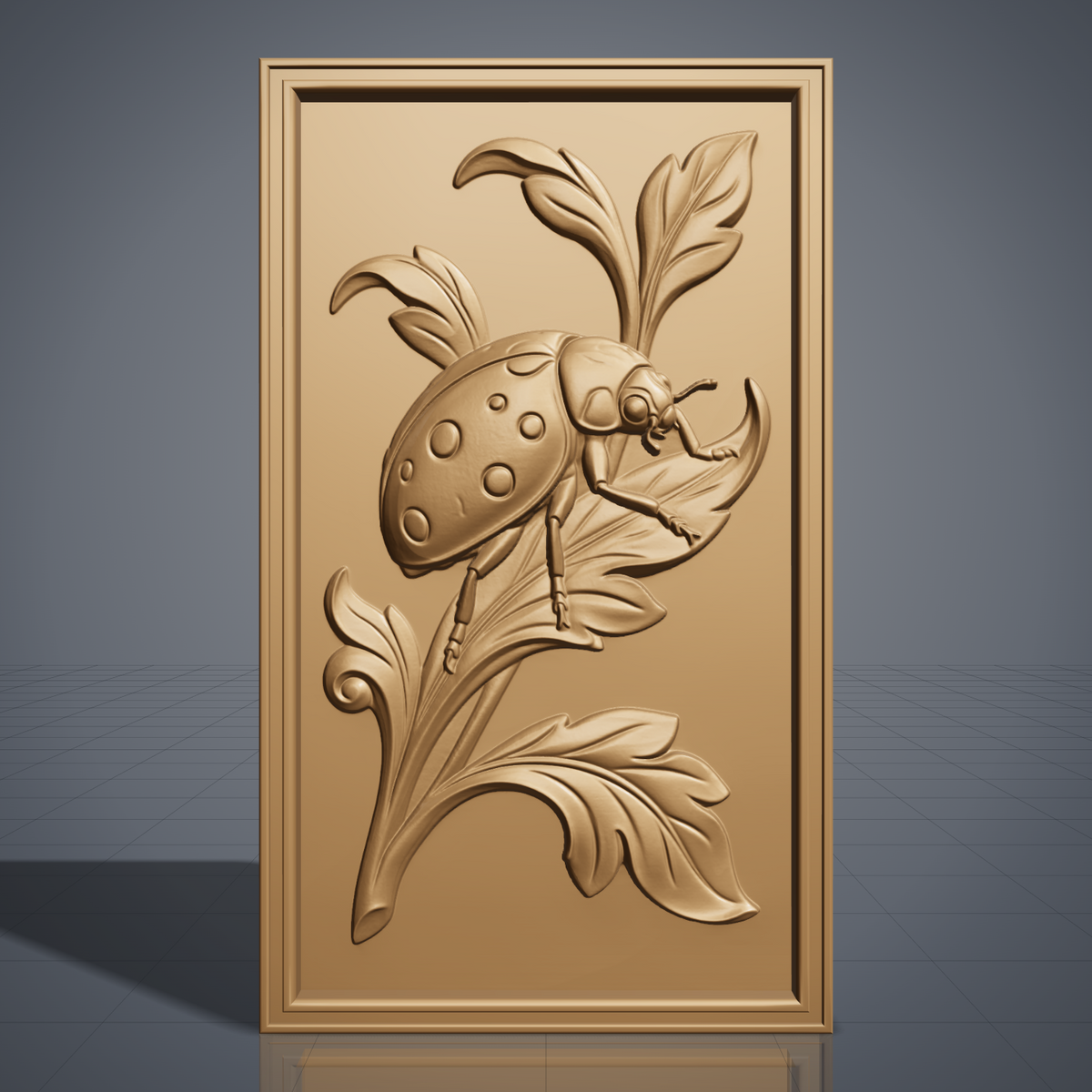 Detailed 3D bas-relief of a ladybug beetle perched on curling acanthus leaves, with raised dot patterns on its shell, delicate antennae, and jointed legs gripping a leaf tip. Carved in rich walnut wood grain with a polished satin finish, framed within a rectangular molded border. Designed for CNC relief carving, wood routing, resin casting, and 3D printing as wall decor.
