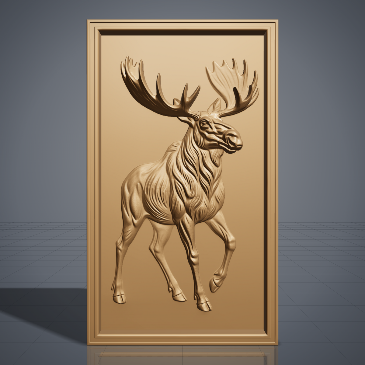 High-relief 3D bas-relief of a full-body walking bull moose with large palmate antlers, set in a tall stepped rectangular frame. Fine fur, muscle, leg and antler detail rising from a smooth background. Designed for CNC relief carving, wood routing and 3D printing as rustic wildlife wall decor for a cabin, lodge or hunting den.