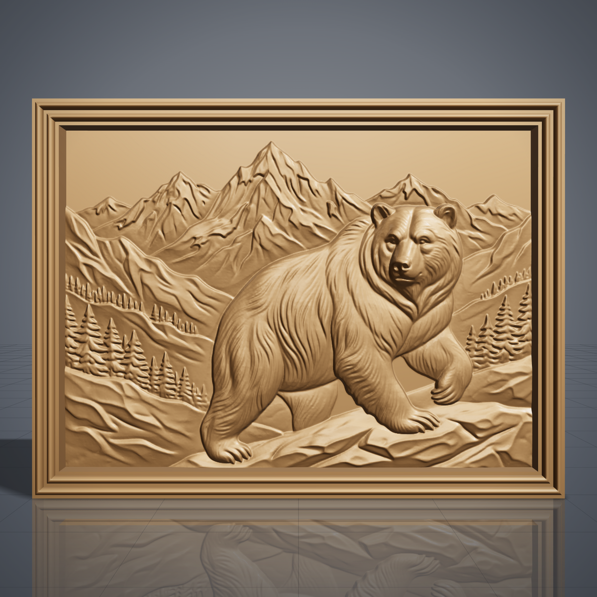 Detailed 3D bas-relief of a grizzly bear walking across rocky ground in front of snow-capped mountain peaks, with pine forest and alpine valleys behind. Framed by a rectangular stepped molded border around a recessed panel. Shown in carved walnut wood and grey resin. Designed for CNC relief carving, woodworking and 3D printing as rustic cabin and wildlife wall decor.