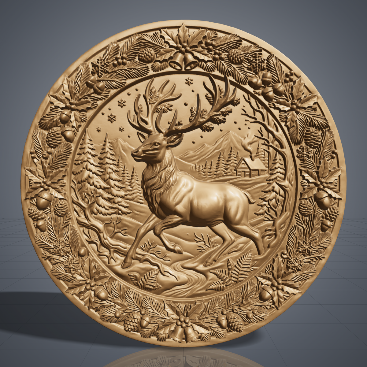 Detailed 3D bas-relief of a leaping stag with large antlers in a snowy pine forest with a log cabin and mountains, set inside a round medallion. The raised border is a wreath of holly leaves, berries, pine branches, cones, acorns, snowflakes and jingle bells. Fine fur and foliage texture. Designed for CNC relief carving, woodworking and 3D printing as Christmas wall decor.