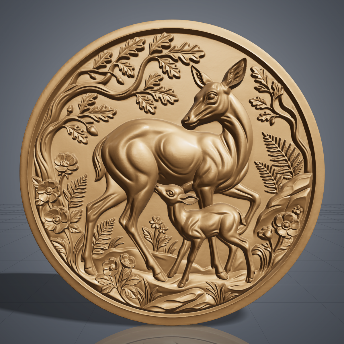 3D bas-relief of a doe looking back while her fawn nurses, set in a round medallion with a raised ring border. Oak branches with acorns arch overhead, with ferns, wild roses and meadow grass in raised detail. Smooth sculpted anatomy and fine leaf texture. Designed for CNC relief carving, woodworking and 3D printing as round wall decor.