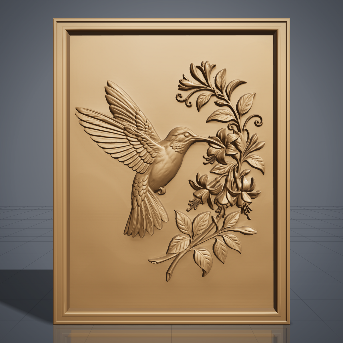 Detailed 3D bas-relief of a hummingbird in flight, wings fully spread, feeding at a cluster of trumpet-shaped fuchsia flowers with curling vines and leaves. Carved in rich walnut wood grain with fine feather texture, set within a raised rectangular frame border. Designed for CNC relief carving, wood routing, resin casting, and 3D printing as wall decor.