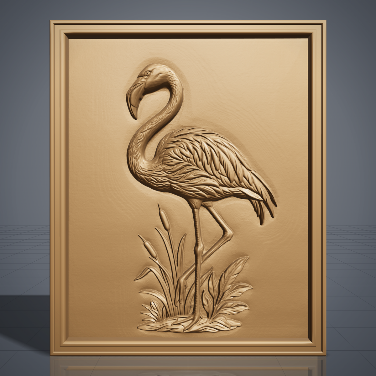 Detailed 3D bas-relief of a flamingo standing on one leg among tall cattails and reeds, long curved neck lowered, carved in rich walnut wood with fine feather and grain texture. Set within a molded rectangular picture-frame border. Designed for CNC relief carving, wood routing, and 3D printing as wetland wall decor.