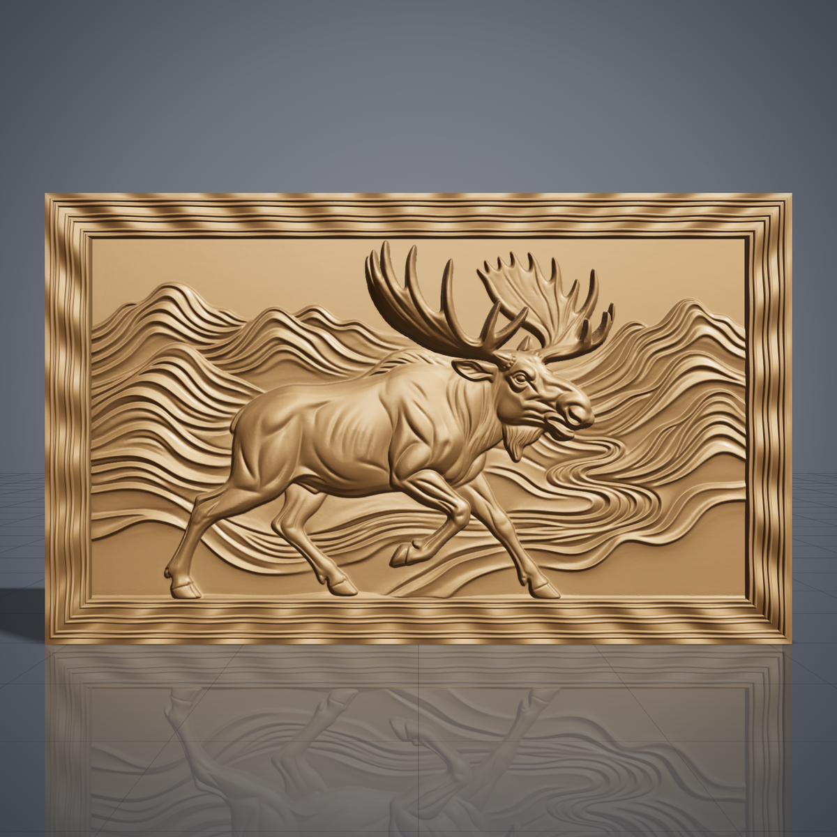 High-relief 3D bas-relief of a running moose with huge antlers striding through flowing wave-pattern mountains beside a winding river, set in a wide landscape rectangular plaque with a wavy stepped molded border. Fine fur, muscle and layered ridge detail. Designed for CNC relief carving, wood routing and 3D printing as rustic wildlife wall decor for a cabin, lodge or den.