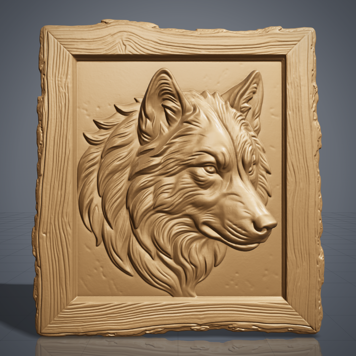 Detailed 3D bas-relief of a wolf head in profile with flowing layered fur, pointed ears and a calm watchful eye, set in a rustic live-edge wood picture frame with raised grain and rough natural edges around a recessed panel. Deep fur texture and carved wood grain. Made for CNC router carving, woodworking, 3D printing and rustic cabin wall decor.