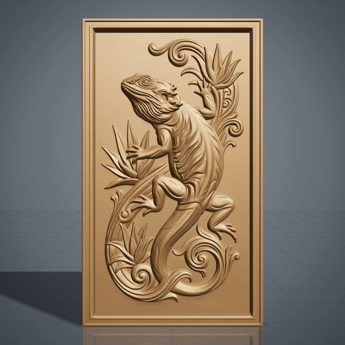 Detailed 3D bas-relief of a bearded dragon in a climbing pose, with spiky dorsal frill and beard scales, textured body scales, and one leg reaching onto a bird of paradise leaf. Tropical leaf motifs and a curling tail scrollwork fill the design, framed by a raised rectangular border. Carved texture with fine surface detail throughout. Designed for CNC relief carving, wood routing, resin casting, and 3D printing as wall decor.