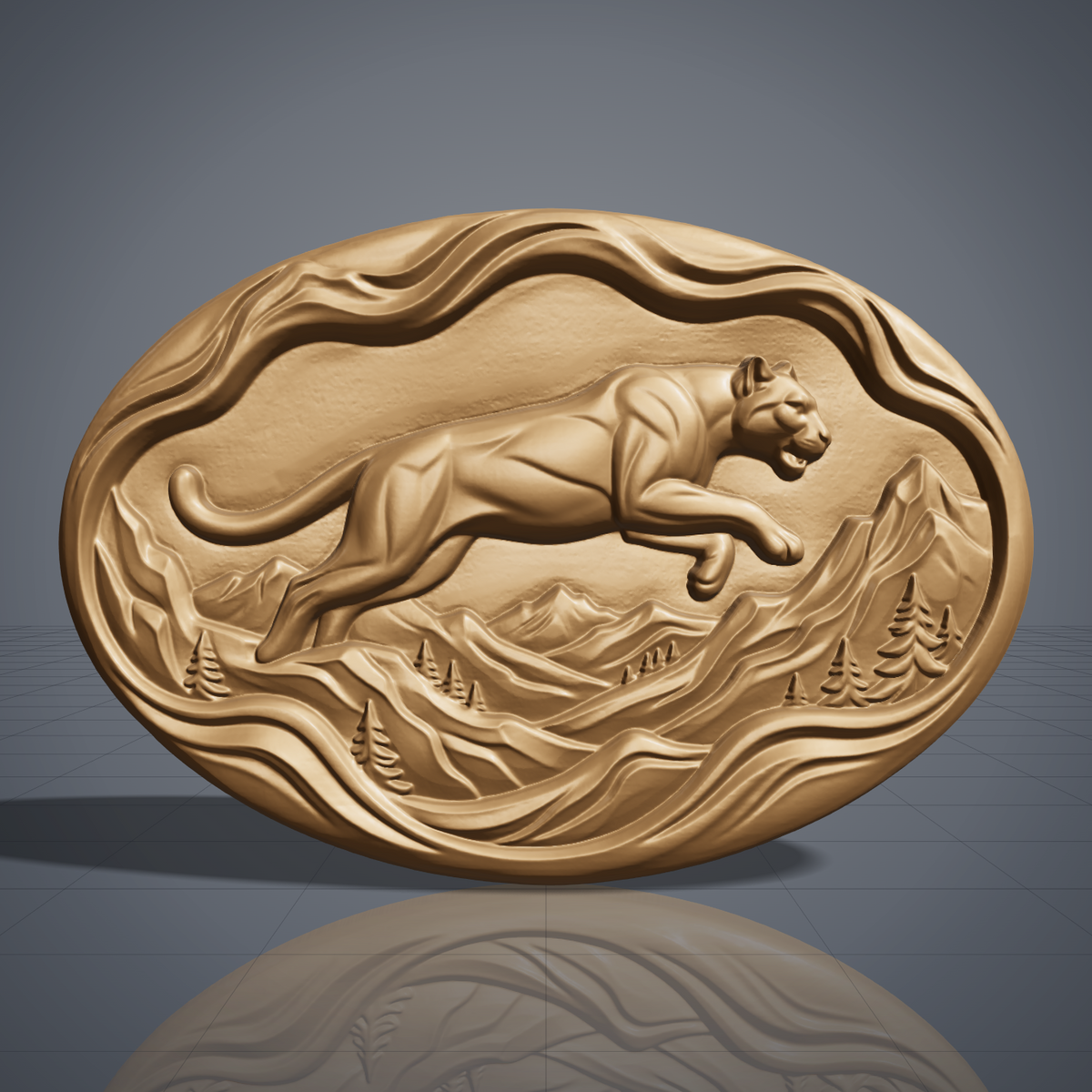Leaping mountain lion carved in dark walnut wood on an oval wavy slab with flowing mountain ridges and pine trees, shown as a workshop mockup and a grey resin render. Digital STL relief file for CNC routers and 3D printers, ideal for wildlife wall art, panels and woodworking projects.