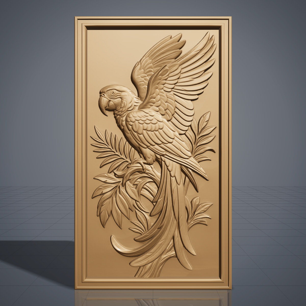 Detailed 3D bas-relief of a macaw parrot perched on a branch, wings fully spread, surrounded by palm fronds and scrollwork leaves. Carved in rich walnut wood grain with fine feather texture, set within a raised rectangular frame border. Designed for CNC relief carving, wood routing, resin casting, and 3D printing as wall decor.