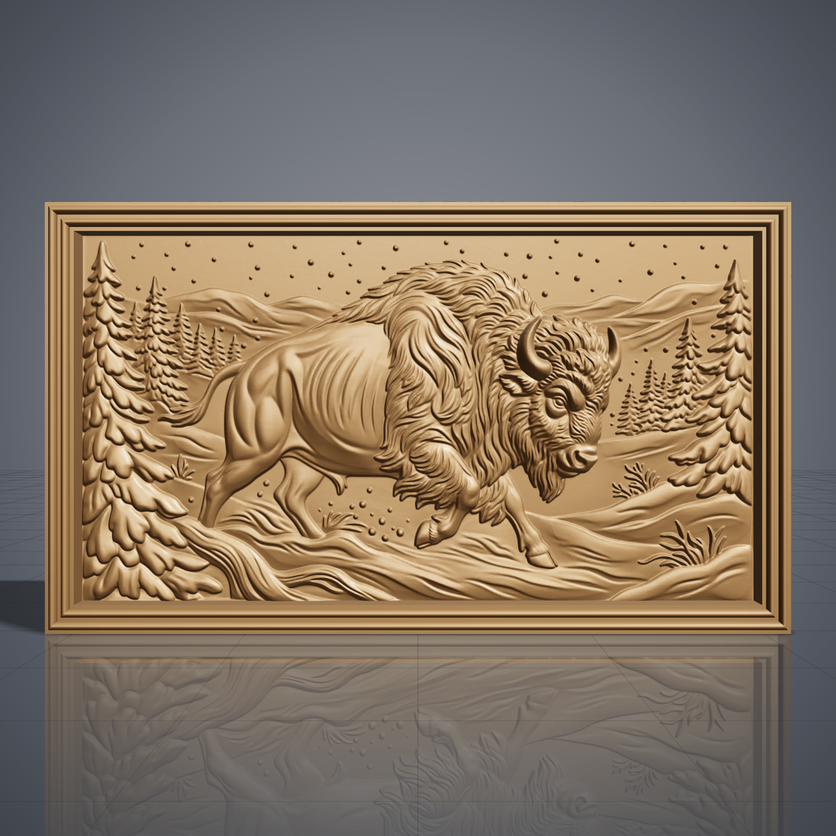 Detailed 3D bas-relief of a powerful bison charging through deep snow, head lowered with curved horns, shaggy mane and one front hoof raised. Snowy pine trees line both sides, rolling hills and falling snowflakes fill the sky, and snow sprays near the hooves. Set in a rectangular panel with a stepped molded frame. Designed for CNC relief carving, wood routing and 3D printing as rustic cabin wall decor.