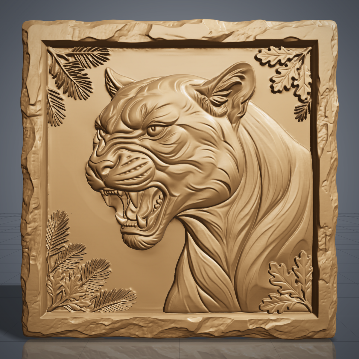 Snarling mountain lion head carved in dark walnut wood inside a square rustic rock-edge frame with pine and oak leaf corners, shown as a workshop mockup and a grey resin render. Digital STL relief file for CNC routers and 3D printers, ideal for wildlife wall art, panels and woodworking projects.