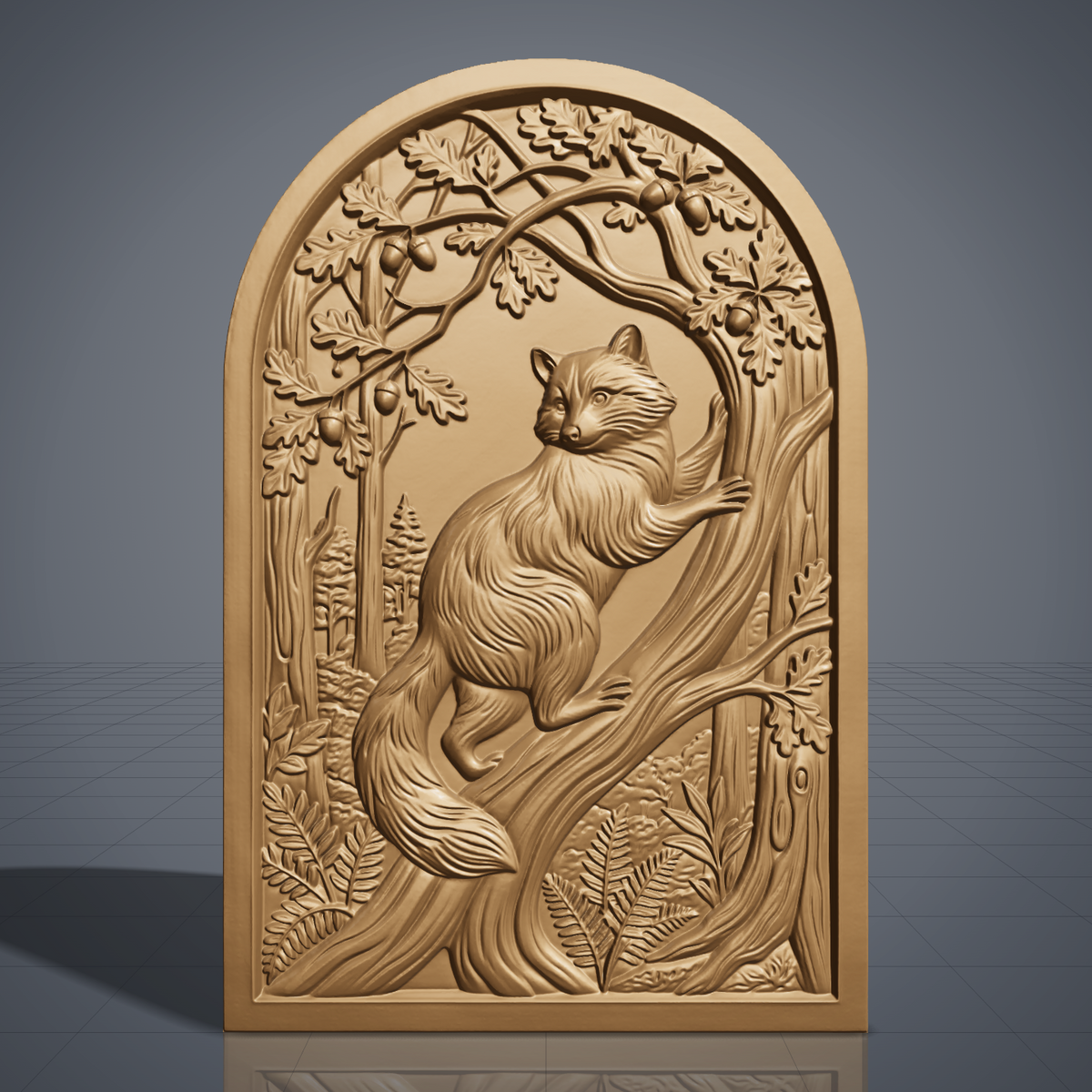 Detailed 3D bas-relief of a raccoon standing upright on its hind legs, one paw resting on a carved tree trunk, framed by an oak leaf and acorn canopy above and ferns below. Carved wood texture with fine fur detail on an arched-top rectangular panel. Designed for CNC relief carving, wood routing, and 3D printing as woodland wall decor.