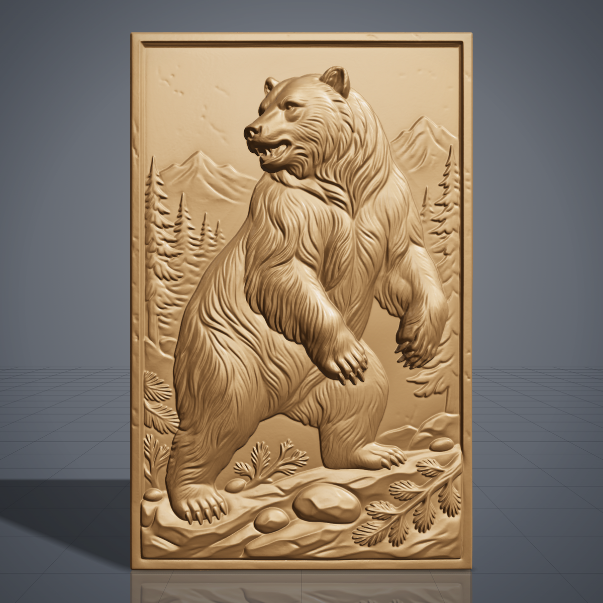 Detailed 3D bas-relief of a standing grizzly bear in a pine forest with snow-capped mountains behind, rocky ground and fern details in the foreground. Framed by a rectangular molded border around a recessed panel. Shown in carved walnut wood and grey resin. Designed for CNC relief carving, woodworking and 3D printing as rustic cabin and wildlife wall decor.