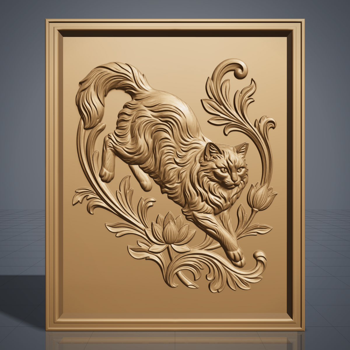 Long-haired cat in a leaping pose with a large curled tail, carved in detailed 3D bas-relief and surrounded by baroque acanthus scrollwork and blooming lotus flowers. The design sits within a raised rectangular frame border, shown here in dark walnut wood and grey resin finishes. Designed for CNC relief carving, wood routing, and 3D printing as wall decor.