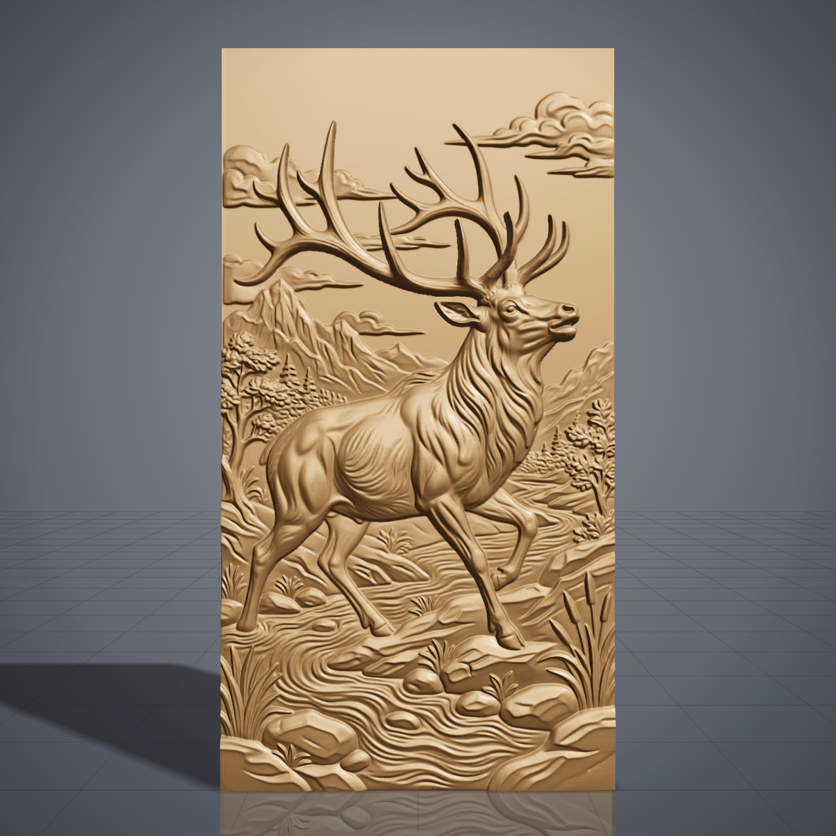 Detailed 3D bas-relief of a majestic bull elk with large antlers raised, striding through a mountain river valley with pine trees, cattails, rocks and clouds, set inside a stepped molded rectangular frame. Shown in carved walnut wood and grey resin. Designed for CNC relief carving, woodworking and 3D printing as rustic wildlife wall decor.