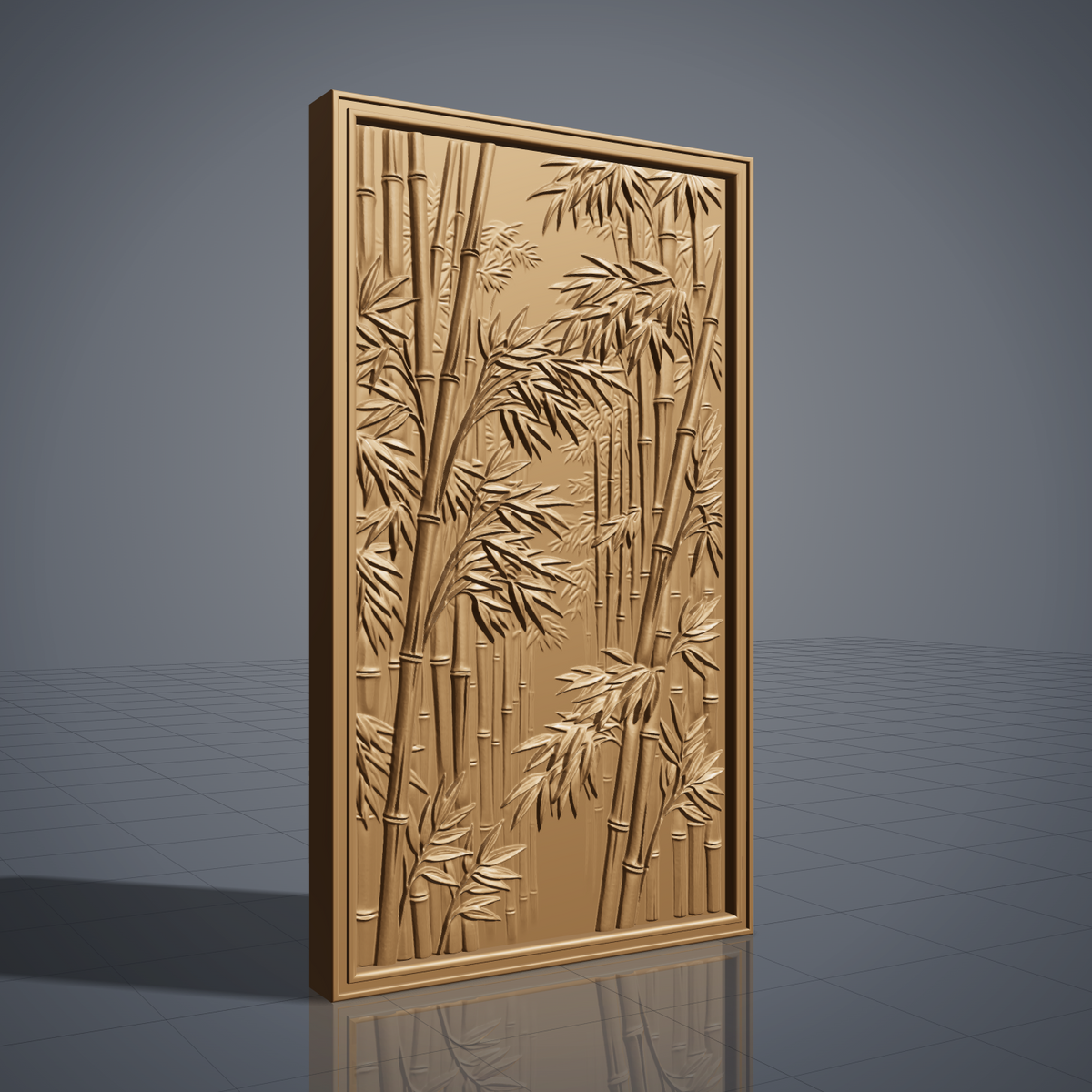 Highly detailed 3D bas-relief of a dense bamboo grove, with tall jointed stalks and layered leaf clusters receding into a misty forest path, framed by a raised molded border. Fine relief carving captures individual leaf veins, stalk nodes, and natural wood grain throughout the panel. Designed for CNC relief carving, wood routing, and 3D printing as zen garden, Asian-inspired, or botanical wall decor.