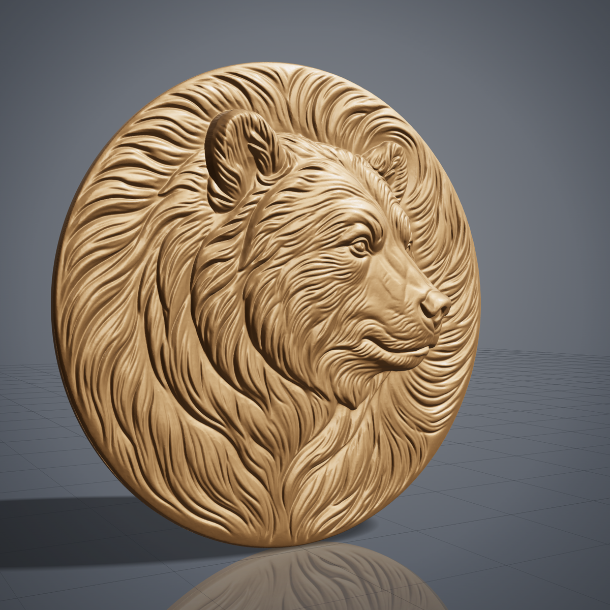 Detailed 3D bas-relief of a grizzly bear head in profile with flowing fur swirling to the edge of a round medallion disc, with expressive eyes, rounded ears and textured muzzle. Shown in carved walnut wood and grey resin. Designed for CNC relief carving, woodworking and 3D printing as rustic cabin wildlife wall decor.