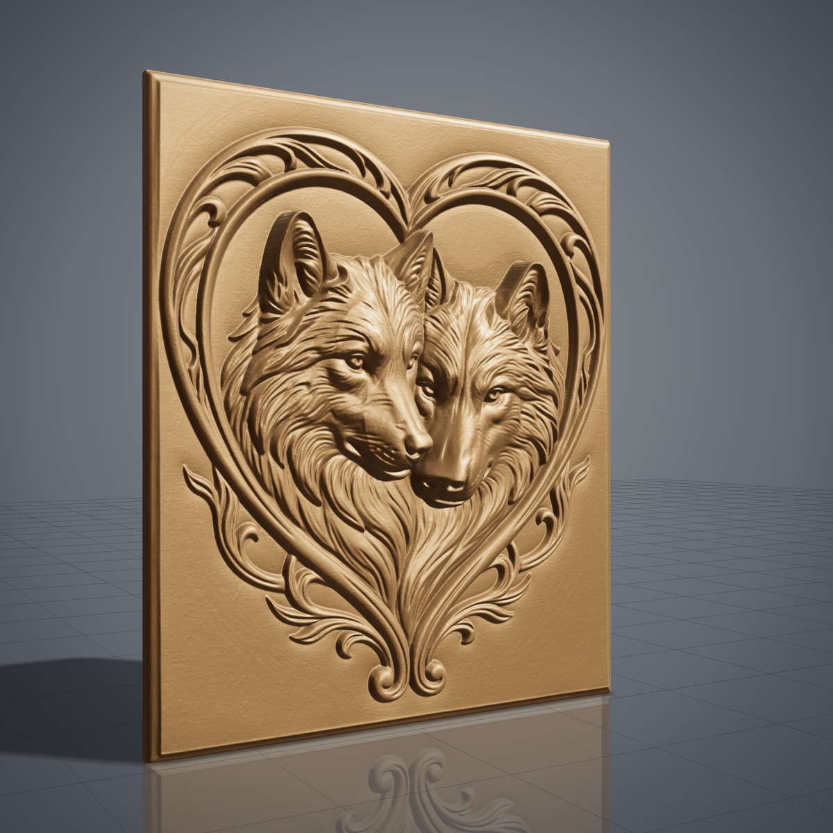 Bas-relief of two wolves nuzzling nose to nose, encircled by ornate heart-shaped scrollwork carved into a rectangular panel with a raised molded border. Rich wood-grain texture and fine fur detail run throughout the piece. Designed for CNC relief carving, wood routing, and 3D printing as rustic wall decor.