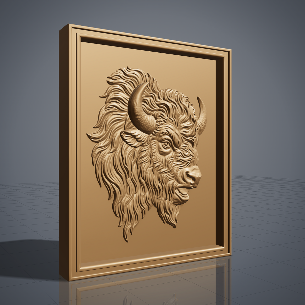 Detailed 3D bas-relief portrait of an American bison head in three-quarter view facing right, with two curved horns, a deeply furrowed brow, open mouth and a long flowing mane sweeping to the left into a shaggy beard. Fine layered fur texture throughout, set inside a tall stepped rectangular frame border. Designed for CNC relief carving, wood routing and 3D printing as rustic western wall decor.