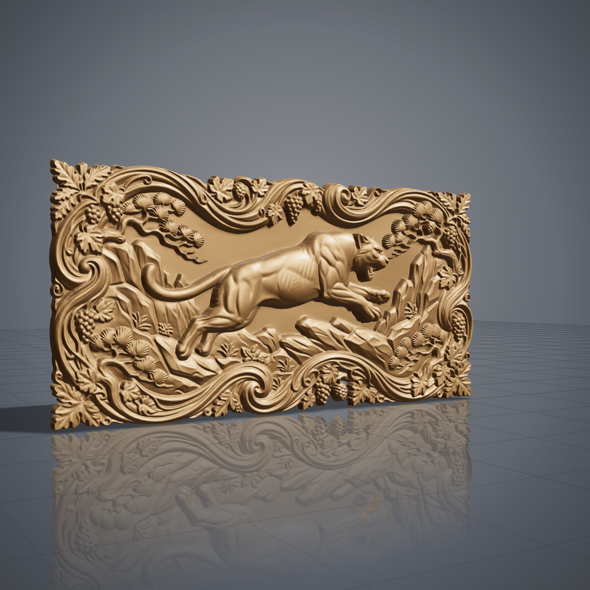 Leaping mountain lion carved in dark walnut wood as a cutout with a scrolling vine, grape and pine branch border and leaf corners, shown as a workshop mockup and a grey resin render. Digital STL relief file for CNC routers and 3D printers, ideal for wildlife wall art, panels and woodworking projects.