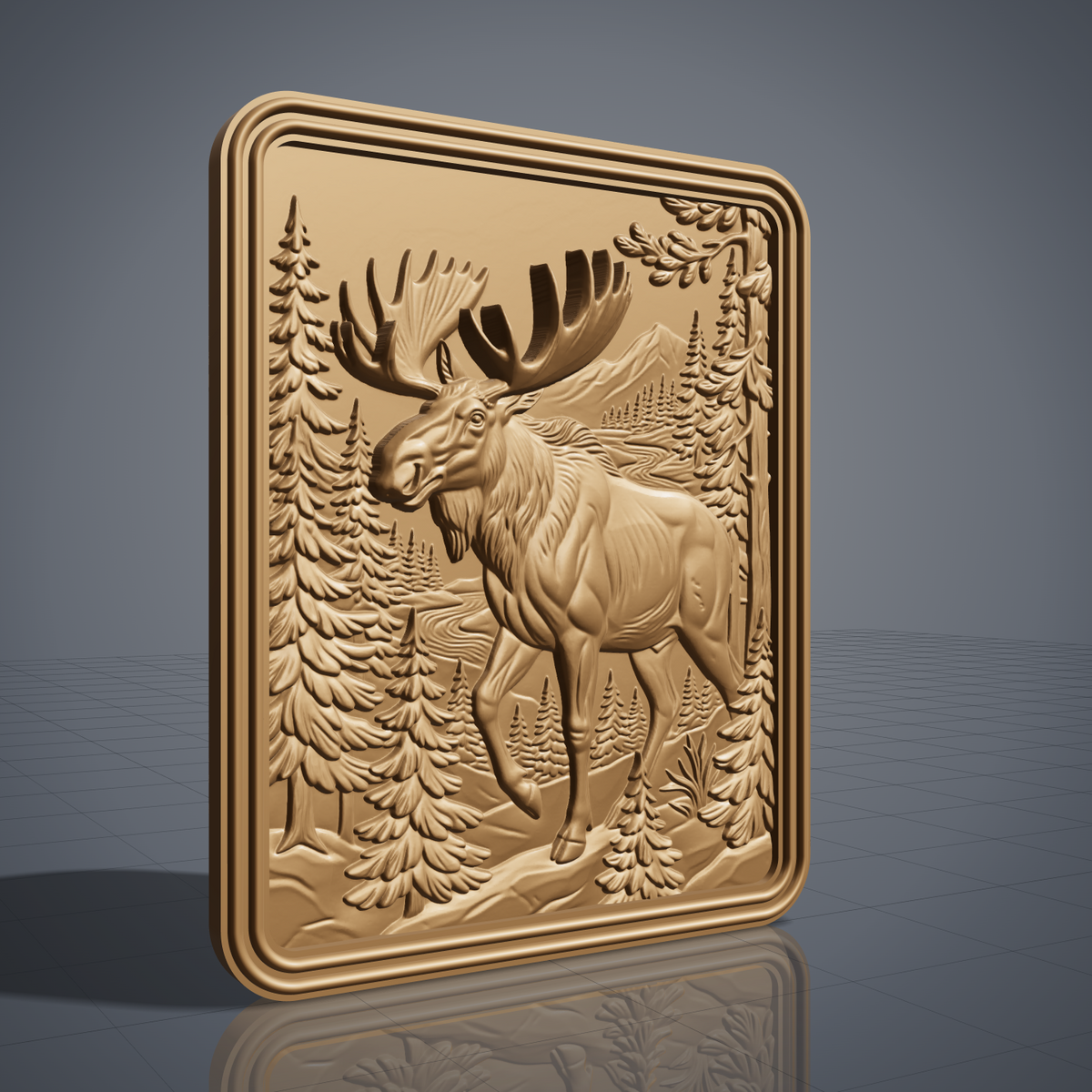 High-relief 3D bas-relief of a walking moose with large antlers in a pine forest with mountains and a winding river, framed in a portrait rectangular plaque with rounded corners. Fine antler, fur and pine needle detail with layered relief. Designed for CNC relief carving, wood routing and 3D printing as rustic wildlife wall decor for a cabin, lodge or hunting den.