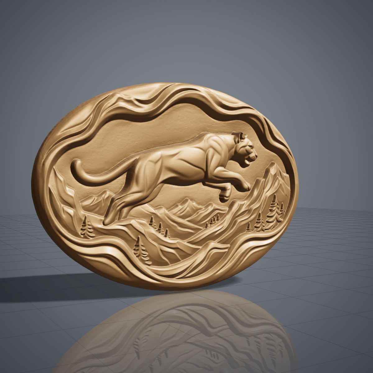 Leaping mountain lion carved in dark walnut wood on an oval wavy slab with flowing mountain ridges and pine trees, shown as a workshop mockup and a grey resin render. Digital STL relief file for CNC routers and 3D printers, ideal for wildlife wall art, panels and woodworking projects.