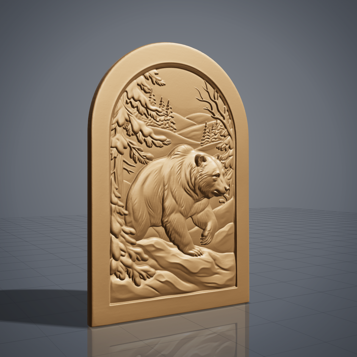 Detailed 3D bas-relief of a brown bear walking through a snowy winter forest, front paw raised, with snow-laden pine branches, bare winter branches, distant fir trees and rolling hills. Set in a recessed arched panel with a stepped molded frame. Fine fur and snow texture. Designed for CNC relief carving, woodworking and 3D printing as rustic cabin wall decor.