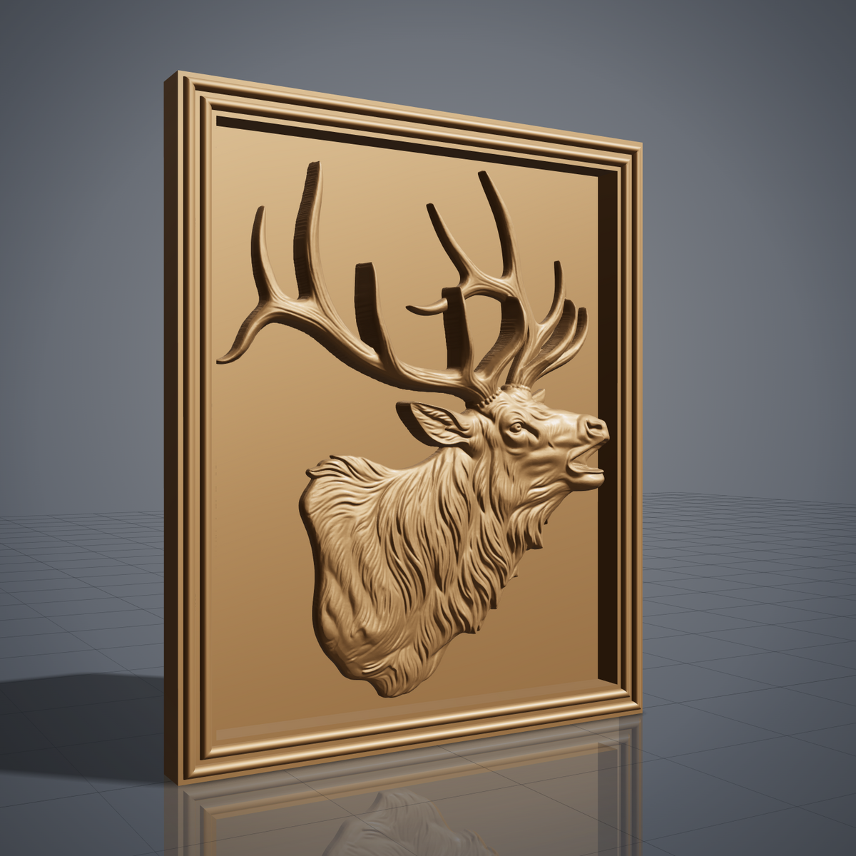 Detailed 3D bas-relief of a bugling bull elk head and shoulders with open mouth, large branching antlers, shaggy mane and fine fur texture. Set in a rectangular panel with a stepped molded frame, shown in carved walnut wood. Designed for CNC relief carving, woodworking and 3D printing as rustic wildlife wall decor.
