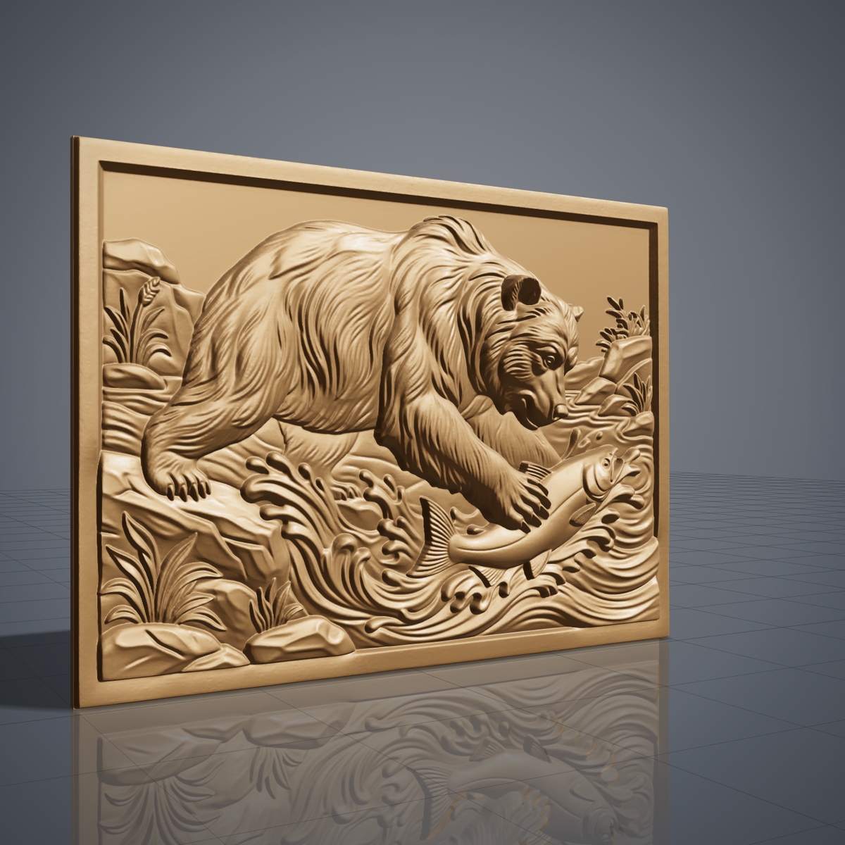 Detailed 3D bas-relief of a grizzly bear catching a leaping salmon in a rushing river, with splashing waves, riverside rocks and wild grasses. Framed by a rectangular border with a recessed panel and stepped inner edge. Shown in carved walnut wood and grey resin. Designed for CNC relief carving, woodworking and 3D printing as rustic cabin wildlife wall decor.