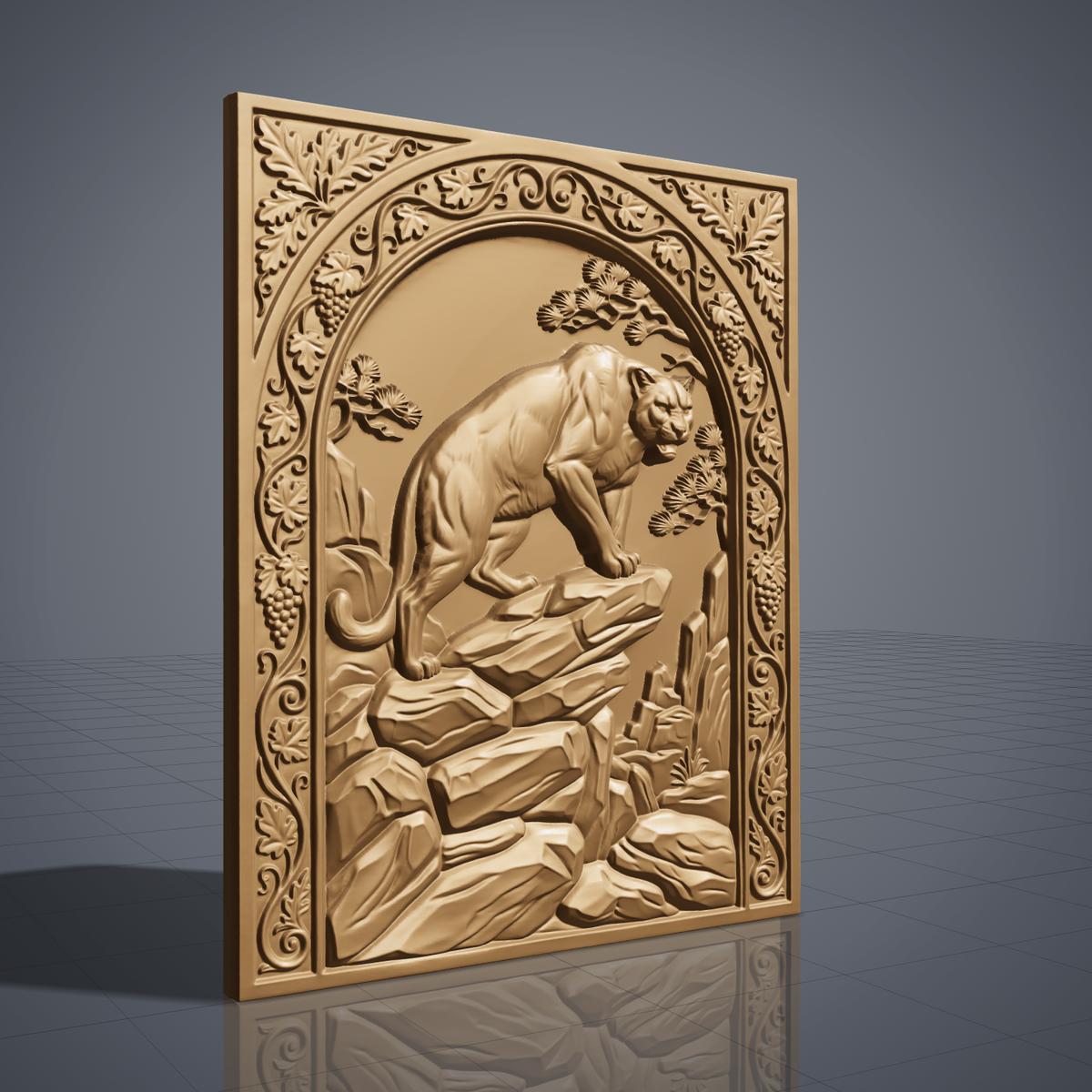 Mountain lion carved in dark walnut wood on a rocky ledge inside an arched rectangular frame with oak leaf, grape vine and pine details, shown as a workshop mockup and a grey resin render. Digital STL relief file for CNC routers and 3D printers, ideal for wildlife wall art, panels and woodworking projects.