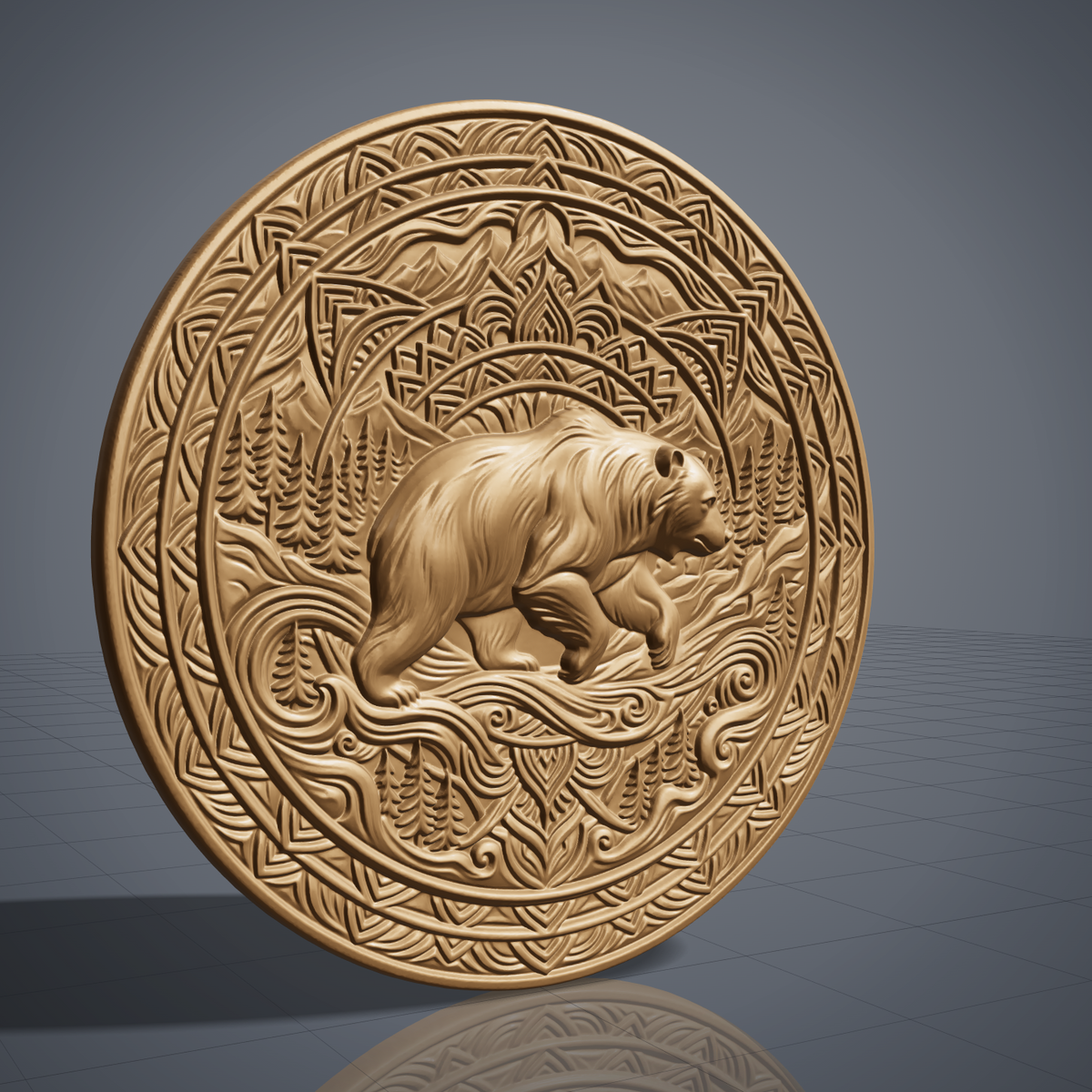 Detailed 3D bas-relief of a walking bear in a pine forest with mountains, set inside an ornate circular mandala frame of concentric rings, scrollwork and geometric patterns. Carved wood texture with raised detail and deep shadows. Designed for CNC carving, wood routing, 3D printing and rustic wall decor.