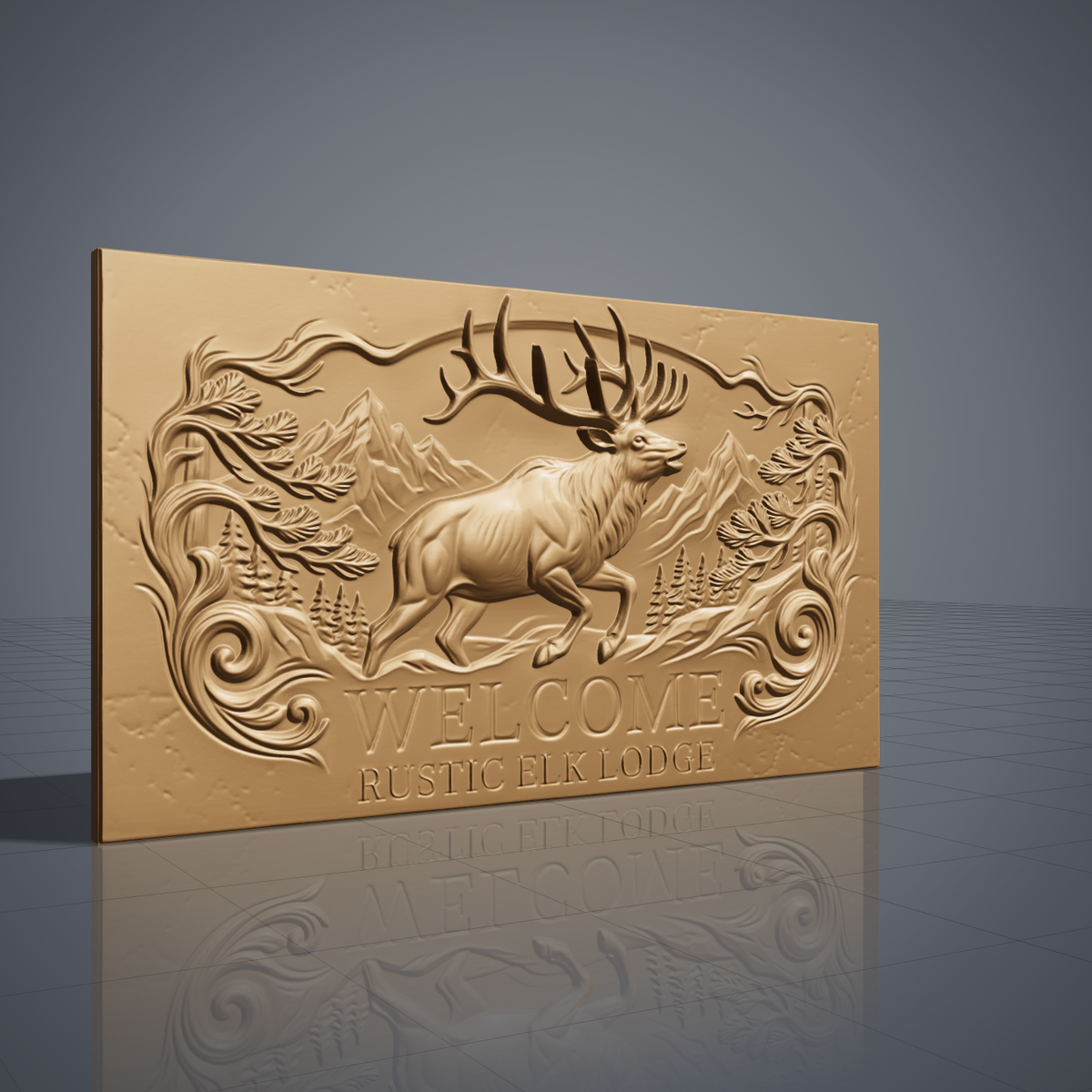 Detailed 3D bas-relief of a bugling bull elk leaping before snowy mountain peaks and pine forest, framed by carved pine branches and scrollwork, with raised WELCOME and RUSTIC ELK LODGE lettering. Shown on a flat rectangular slab in carved walnut wood. Designed for CNC relief carving, woodworking and 3D printing as a rustic lodge entry sign.