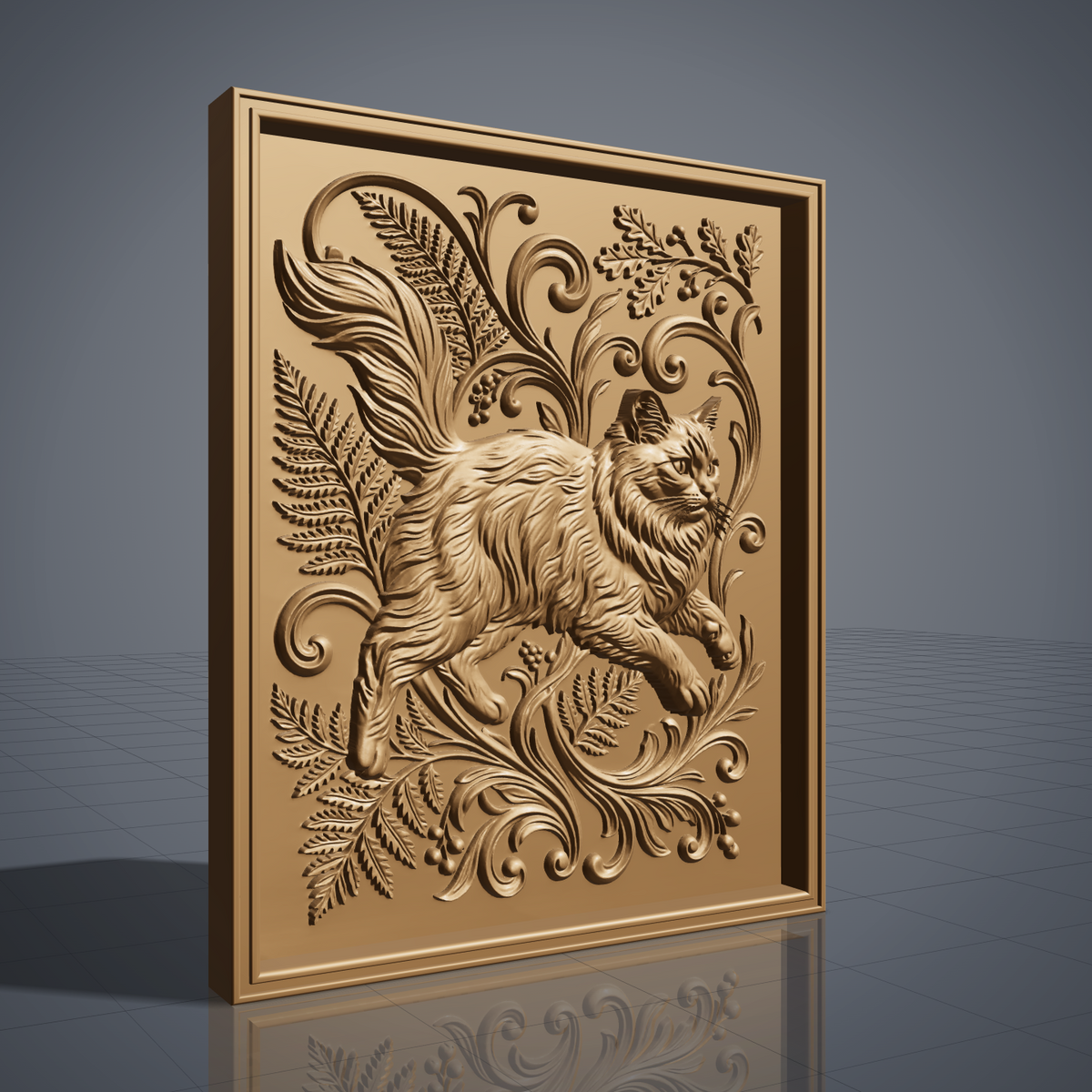 Longhair cat in mid-stride surrounded by fern fronds, oak leaves, and baroque scrollwork, carved as a detailed 3D bas-relief with raised fur texture and a flowing tail. The scene sits within a molded rectangular frame border. Designed for CNC relief carving, wood routing, and 3D printing as wall decor.