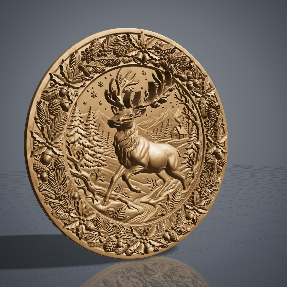 Detailed 3D bas-relief of a leaping stag with large antlers in a snowy pine forest with a log cabin and mountains, set inside a round medallion. The raised border is a wreath of holly leaves, berries, pine branches, cones, acorns, snowflakes and jingle bells. Fine fur and foliage texture. Designed for CNC relief carving, woodworking and 3D printing as Christmas wall decor.