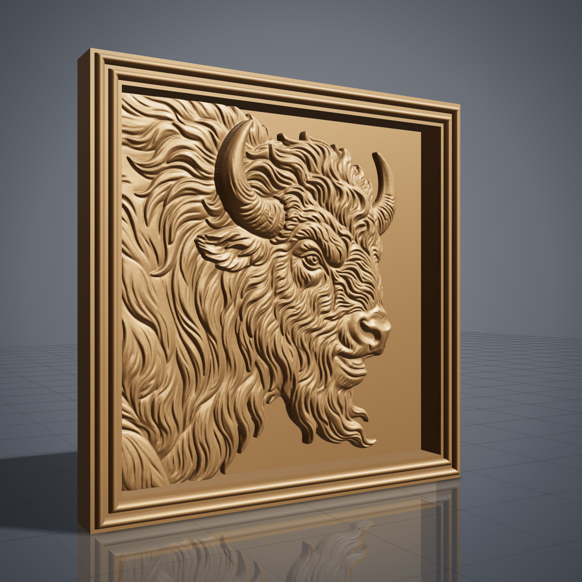 Bison head in side profile facing right with two curved horns, shaggy mane and beard, carved in high relief inside a square stepped molded frame, digital STL model for CNC router carving and 3D printing.
