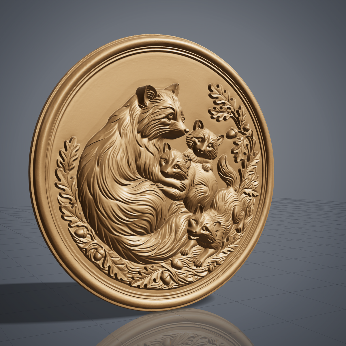 A mama raccoon cradles two kits while a third kit rests nearby, carved in deep 3D bas-relief with fine fur texture and expressive eyes. An oak leaf and acorn wreath wraps the scene, framed within a raised double-ring circular border. Designed for CNC relief carving, wood routing, and 3D printing as rustic wall decor.