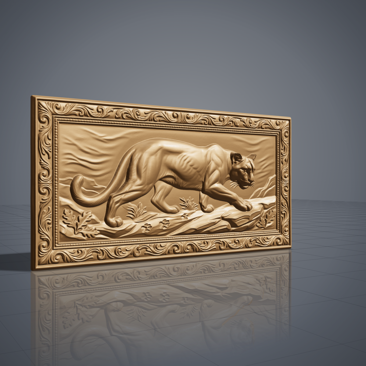 Prowling mountain lion carved in dark walnut wood inside an ornate scrollwork rectangular frame with oak leaves and rocky ledge, shown as a workshop mockup and a grey resin render. Digital STL relief file for CNC routers and 3D printers, ideal for wildlife wall art, panels and woodworking projects.