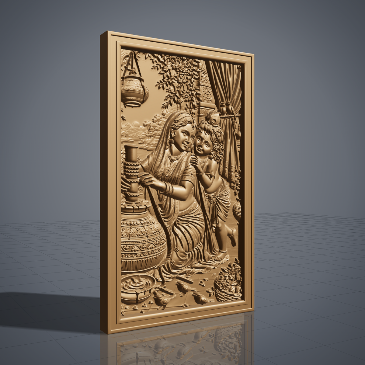 3D bas-relief of Yashoda churning butter beside young Krishna, who leans affectionately on her shoulder. The scene includes a hanging clay pot, flowering branches, a draped curtain with two parrots, and small birds at their feet, all carved with fine detail and rich wood grain texture. Set within a plain rectangular frame with a smooth molded border. Designed for CNC relief carving, wood routing, and 3D printing as devotional wall decor.