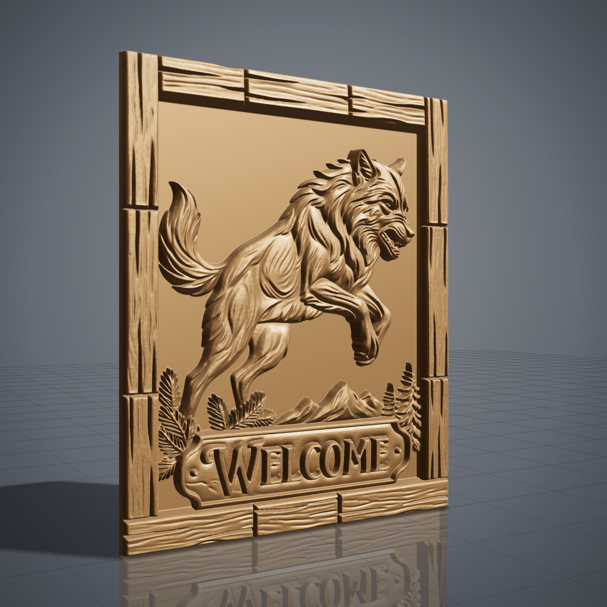 Detailed 3D bas-relief of a snarling gray wolf leaping with front paws raised, fur texture carved in deep relief, with pine branches, mountain peaks and fir trees at the base. A raised WELCOME name plaque sits at the bottom inside a rustic plank wood frame with wood grain. Designed for CNC router carving, wood routing and 3D printing as a welcome sign or cabin wall decor.