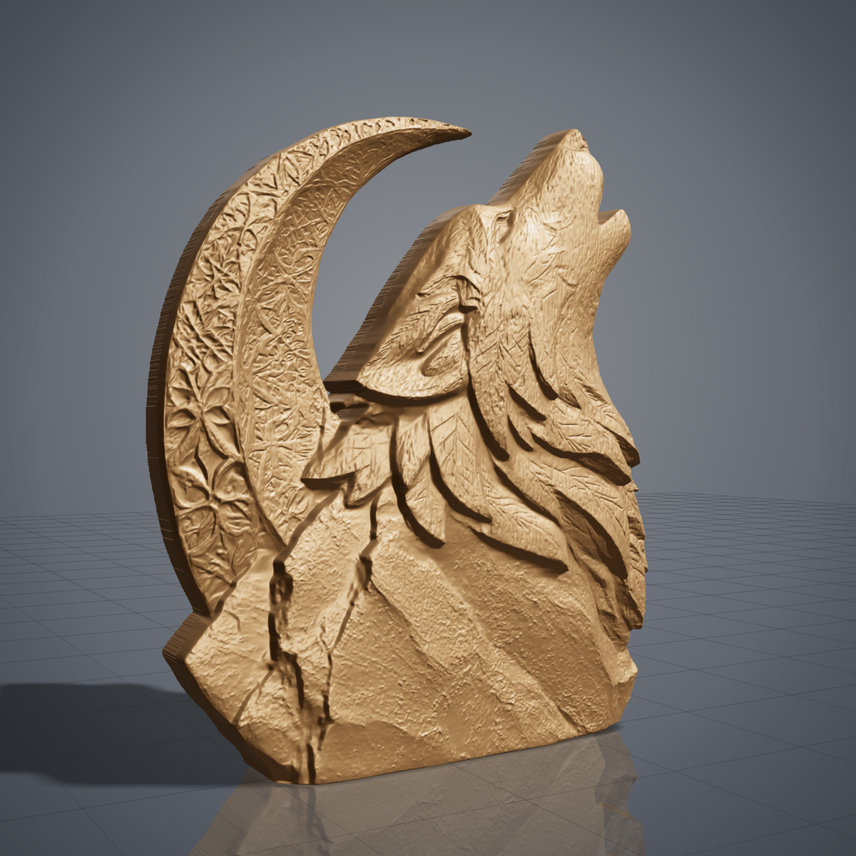 Detailed 3D bas-relief cutout of a wolf howling at a large crescent moon, perched on a rugged mountain rock. Layered fur tufts, leaf-like mane carving and intricate floral texture on the moon. Carved wood texture with raised detail and deep shadows. Designed for CNC carving, wood routing, 3D printing and rustic wall decor.